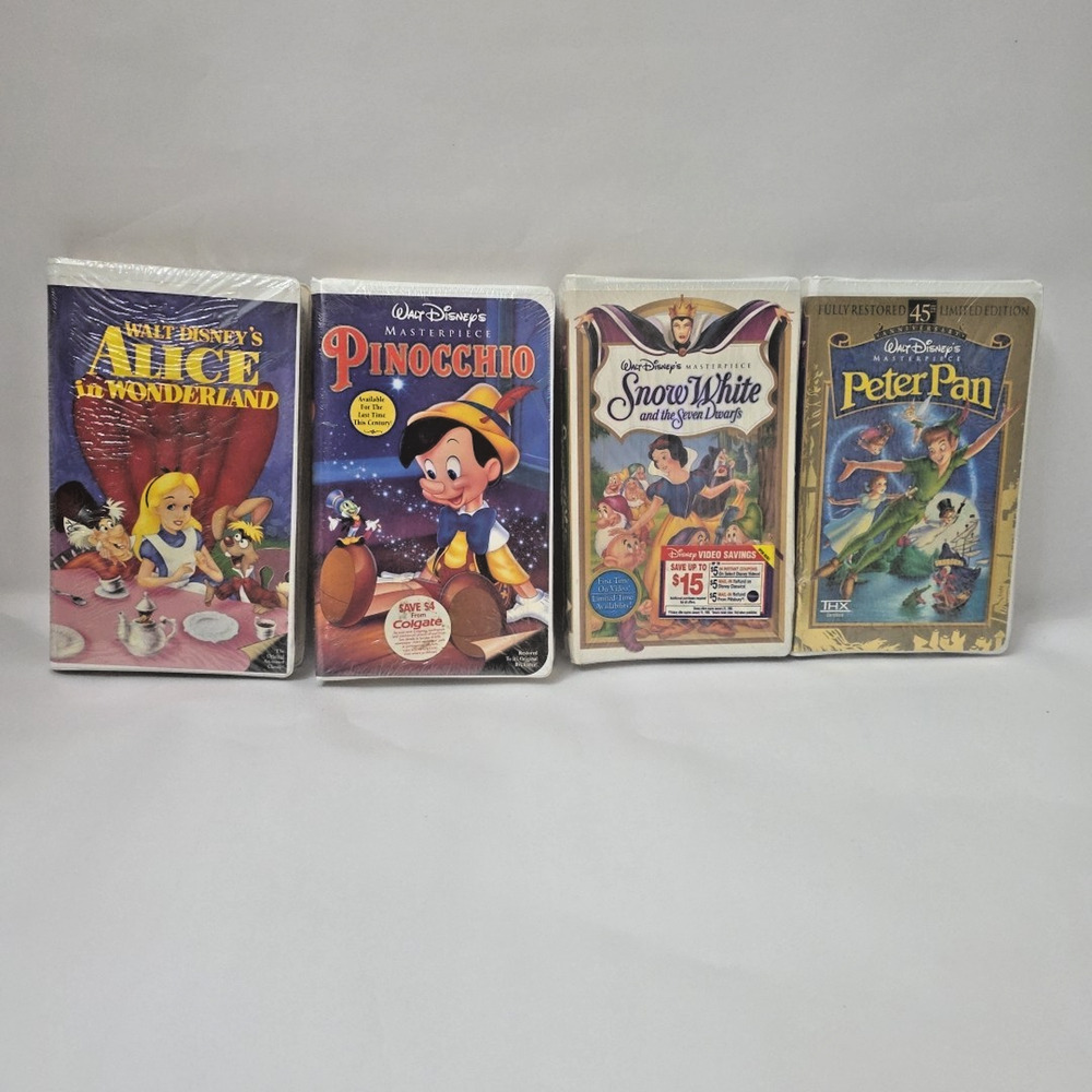 Disney VHS Lot of 4 Sealed Alice Pinocchio Snow White Peter Pan Masterpiece